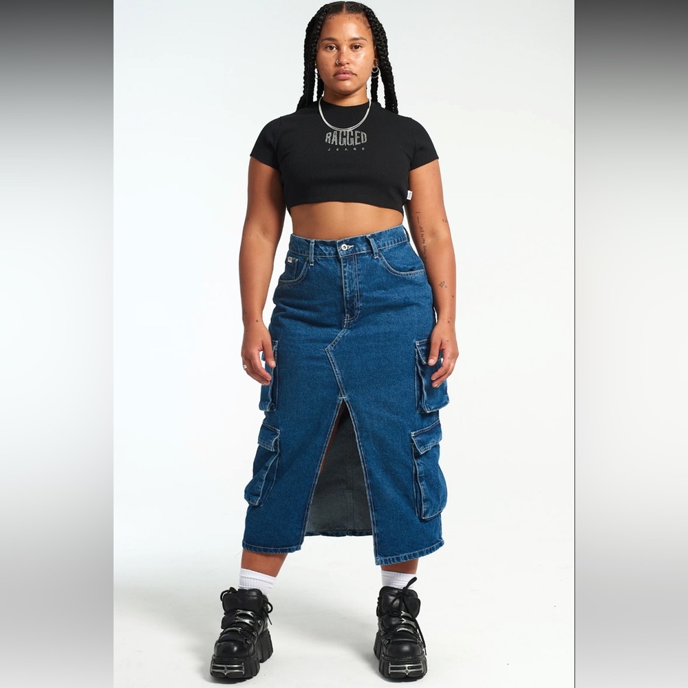 NWOT Ragged jean combat denim skirt